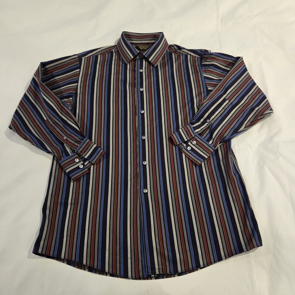 Murano Gold Label Button Down Blue Gray Red Stripes Non Iron Twill‎